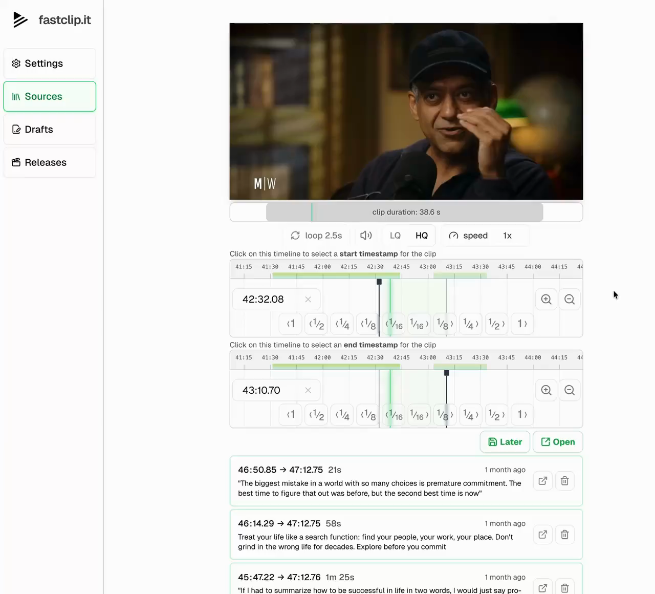 Recorded FastClip editor showing a source video and controls for selecting a clip